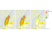 Im Rahmen einer orientierenden Untersuchung nach §§ 3 und 5 (i. V. m. Anh. 4) BBodSchV kann die Bewertung der Erheblichkeit schädlicher Bodenveränderungen durch Wasser u.a. auf der Grundlage von Modellprognosen erfolgen, die das regionaltypische, 10-jährliche Starkregenereignis als Bemessungsgrundlage verwenden (links: Prognose 'Ist-Zustand'). Die simulationsgestützte Bewertung der flächen- und schutzobjektbezogenen Wirksamkeit von Minderungsmaßnahmen bietet sich in diesem Zusammenhang unmittelbar an (Mitte: Prognose 'Gewässerrandstreifen', rechts: Prognose 'reduzierte Bodenbearbeitung')